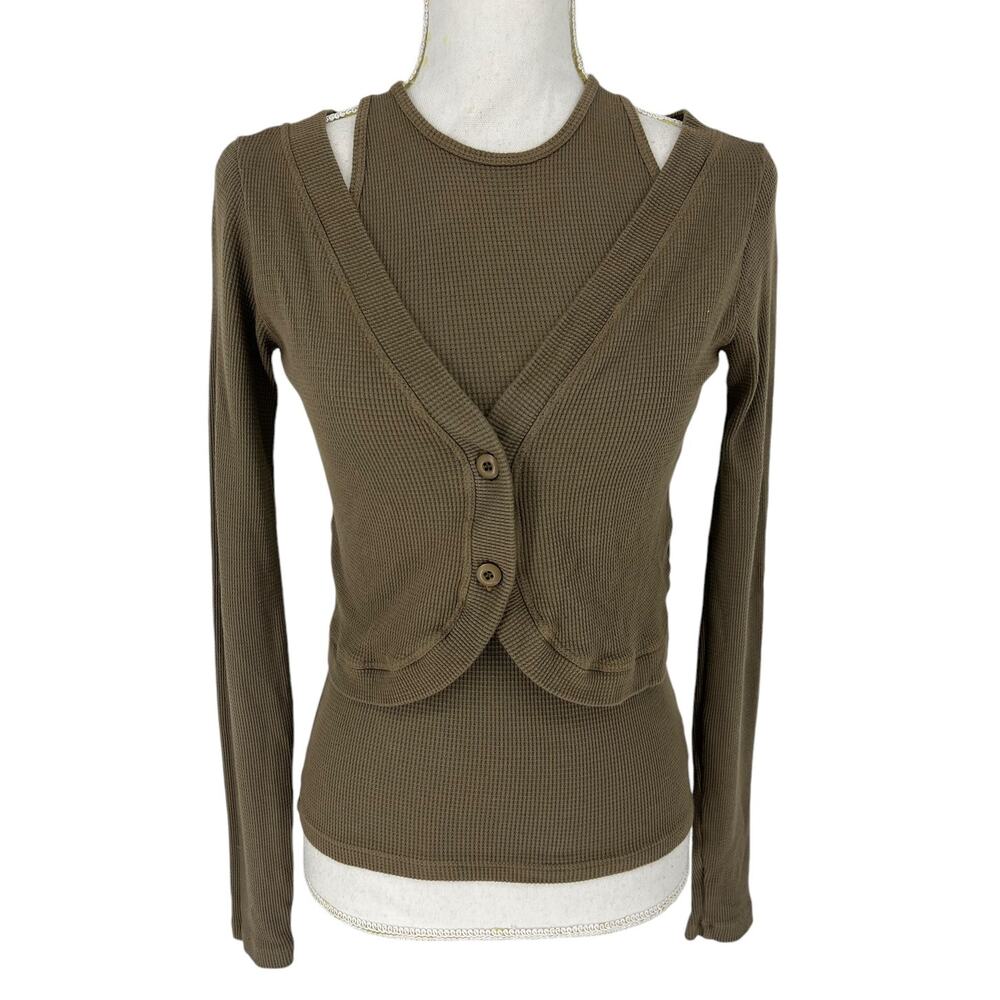 Monrow Baby Thermal Double Layer Cardi Top in Stone Green - Picture 3 of 11